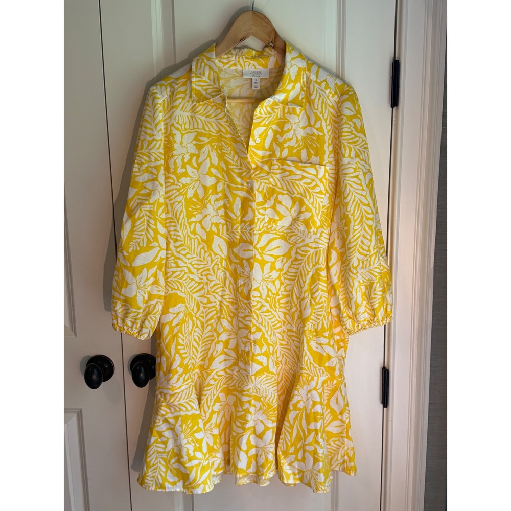 Charter Club Luxury 100% Linen Shirt Dress Yellow White Floral Ruffle Hem M